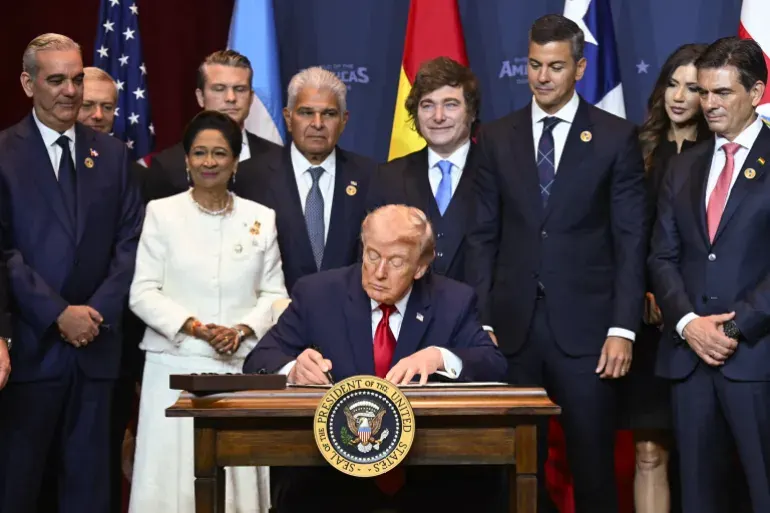 Donald Trump speaking at the Shield of the Americas summit announcing the Americas Counter-Cartel Coalition