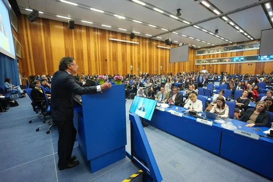 Colombian President Gustavo Petro speaking about drug trafficking policy and criticizing the Shield of the Americas alliance.