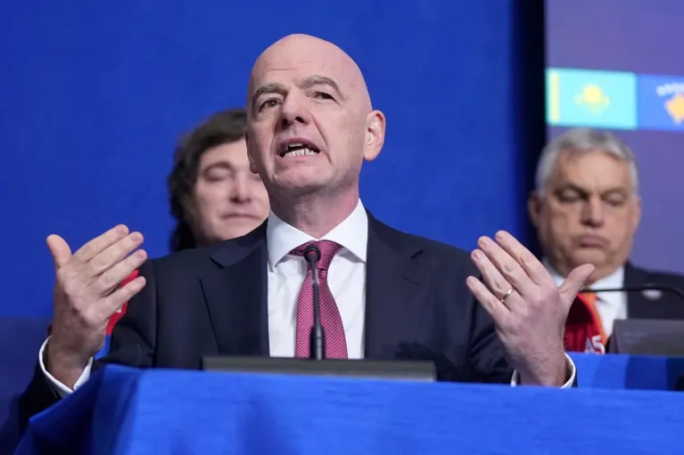 FIFA President Gianni Infantino speaks during a Board of Peace meeting at the U.S. Institute of Peace, Thursday, Feb. 19, 2026, in Washington