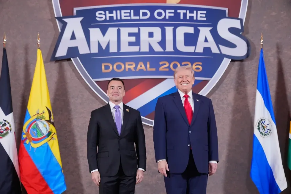 President Donald Trump greets President of Ecuador Daniel Noboa at the Shield of the Americas Summit, Saturday, March 7, 2026, at Trump National Doral Miami in Doral, Fla.