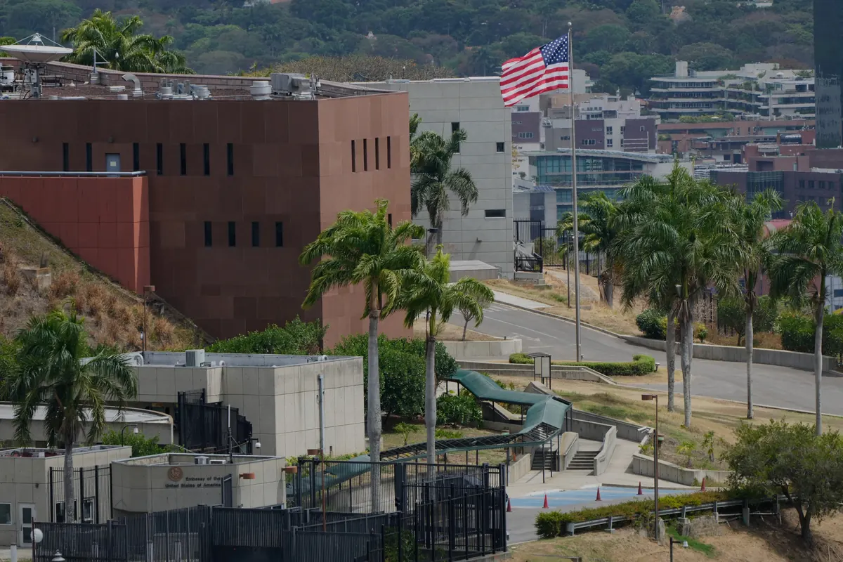 American flag raised at the U.S. Embassy building in Caracas, marking renewed diplomatic relations between the United States and Venezuela.