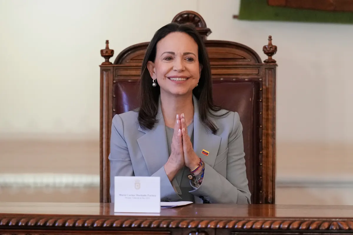María Corina Machado speaking to Venezuelan diaspora in Santiago, Chile