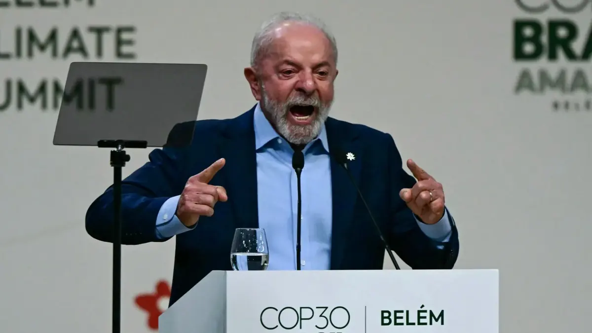 Brazil President Lula speaking at international summit in Colombia