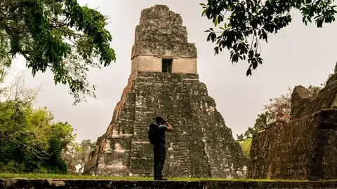 Templos de Tikal en Guatemala emergiendo de la selva tropical del Petén al amanecer